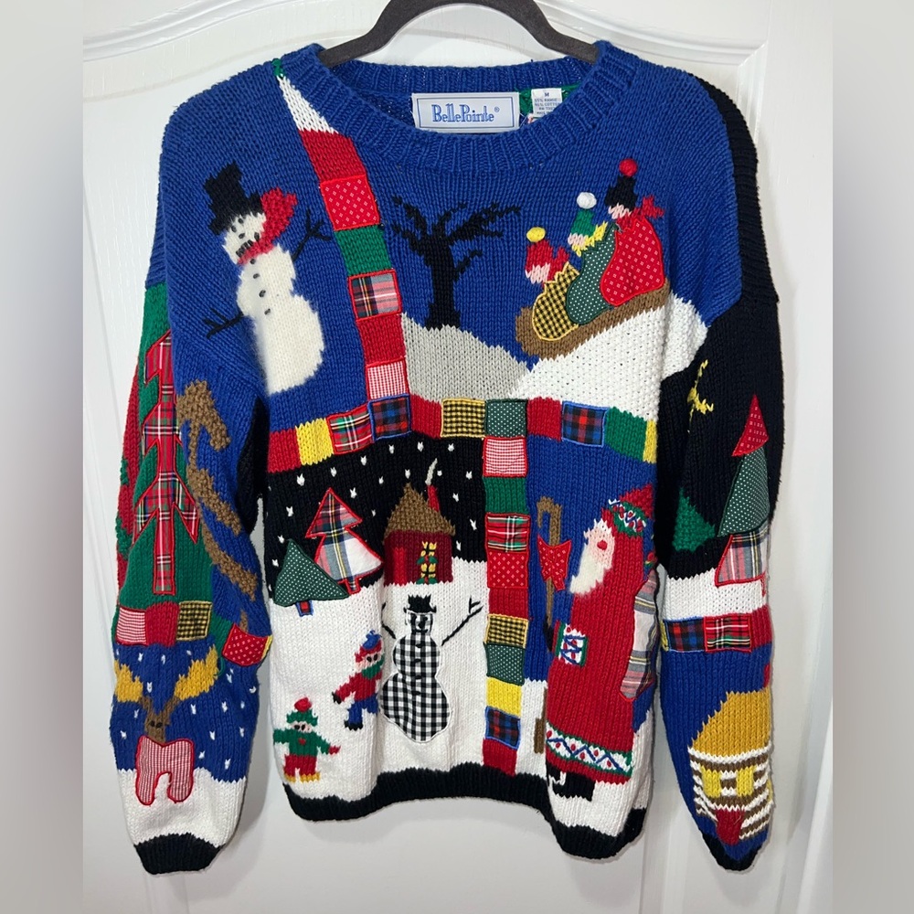 Belle Pointe Vintage Hand Knit Christmas Holiday Pullover Sweater Size Medium